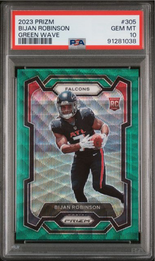 Graded 2023 Panini Prizm Bijan Robinson #305 Green Wave Rookie RC Football Card PSA 10 Gem Mint