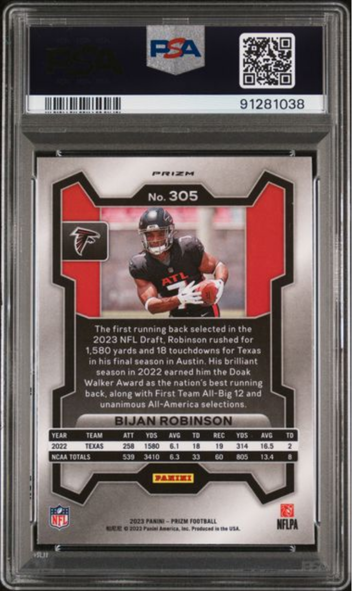 Graded 2023 Panini Prizm Bijan Robinson #305 Green Wave Rookie RC Football Card PSA 10 Gem Mint