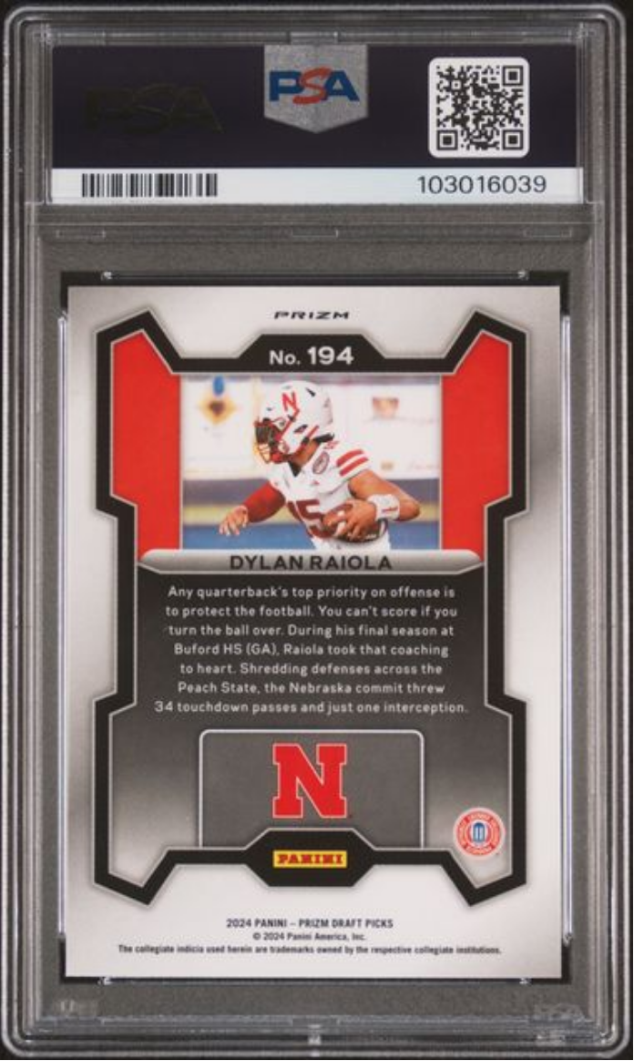 Graded 2024 Panini Prizm Draft Picks Dylan Raiola #194 Red Ice Rookie RC Football Card PSA 10 Gem Mint