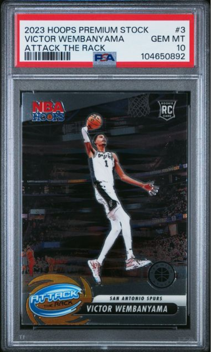 Graded 2023 Panini NBA Hoops Premium Stock Victor Wembanyama #3 Attack The Rack Rookie RC Basketball Card PSA 10 Gem Mint - Sport Cards