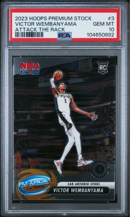 Graded 2023 Panini NBA Hoops Premium Stock Victor Wembanyama #3 Attack The Rack Rookie RC Basketball Card PSA 10 Gem Mint - Sport Cards