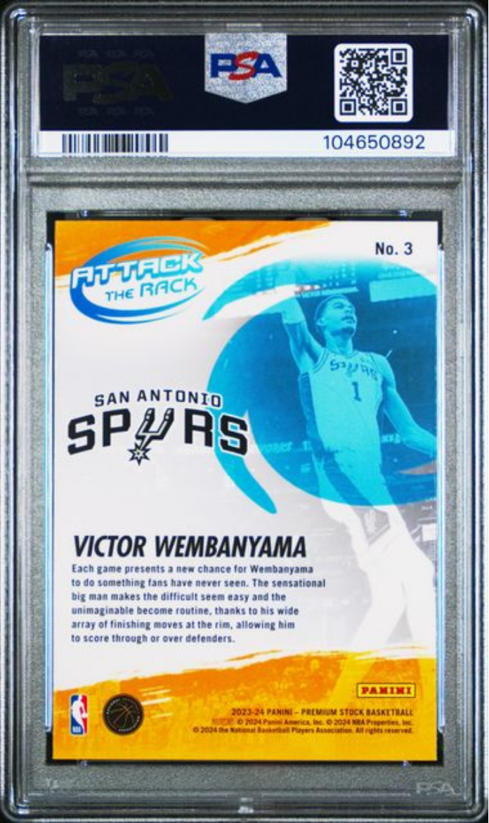 Graded 2023 Panini NBA Hoops Premium Stock Victor Wembanyama #3 Attack The Rack Rookie RC Basketball Card PSA 10 Gem Mint - Sport Cards