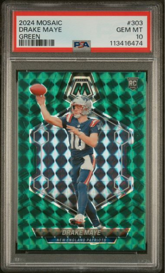 Graded 2024 Panini Mosaic Drake Maye #303 Green Rookie RC Football Card PSA 10 Gem Mint