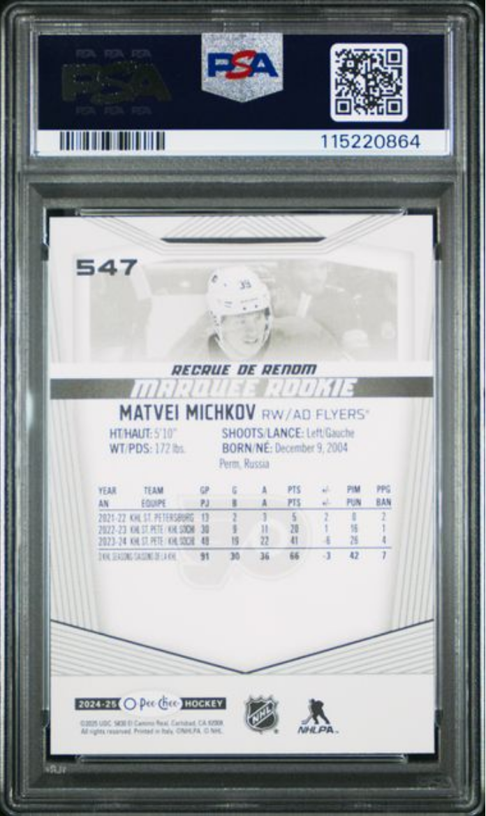 Graded 2024 Upper Deck O-Pee-Chee Matvei Michkov #547 Rookie RC Hockey Card PSA 10 Gem Mint