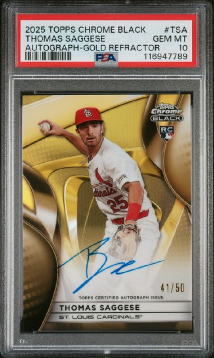 Graded 2025 Topps Chrome Black Thomas Saggese #TSA Autograph Gold Refractor /50 Rookie RC Baseball Card PSA 10 Gem Mint