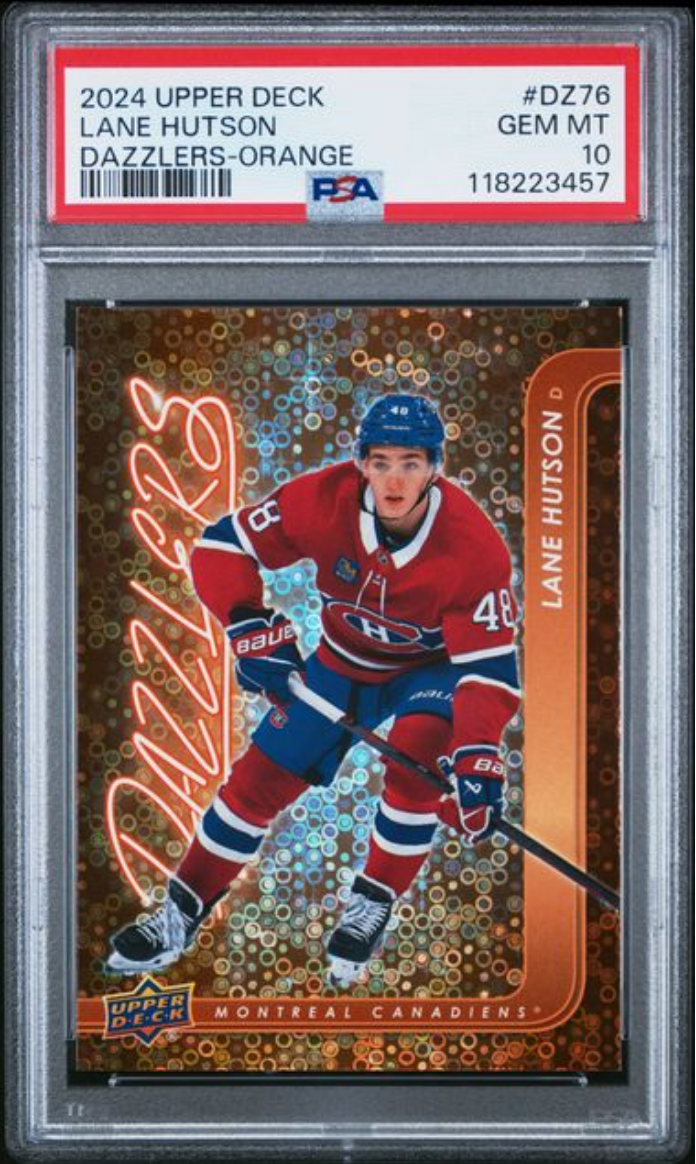 Graded 2024 Upper Deck Lane Hutson #DZ76 Dazzlers Orange Rookie RC Hockey Card PSA 10 Gem Mint