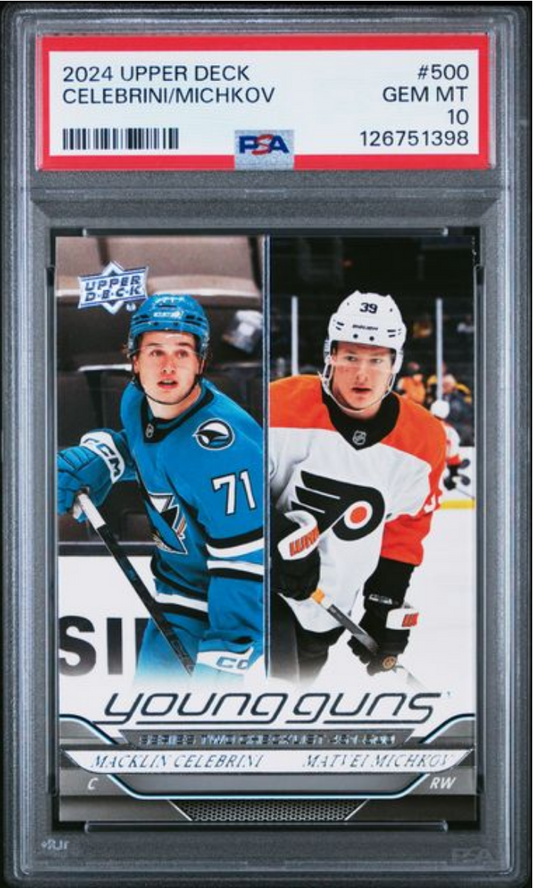 Graded 2024 Upper Deck Macklin Celebrini/Matvei Michkov #500 Rookie RC Hockey Card PSA 10 Gem Mint