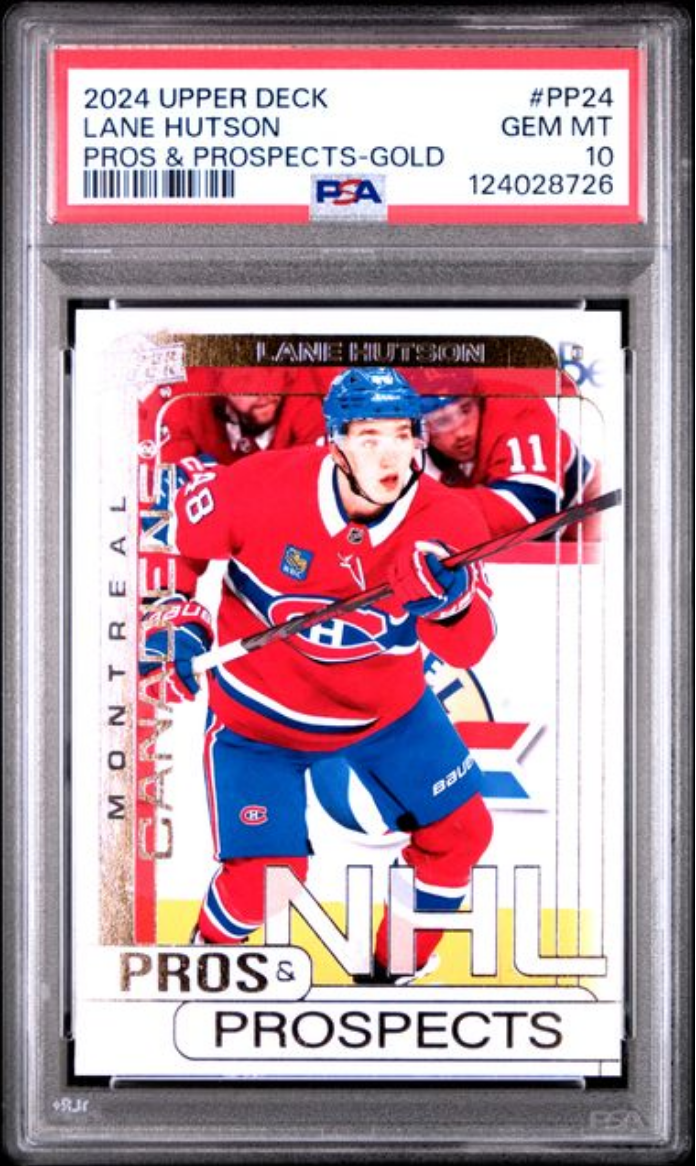 Graded 2024 Upper Deck Lane Hutson #PP24 Pros & Prospects Gold Rookie RC Hockey Card PSA 10 Gem Mint