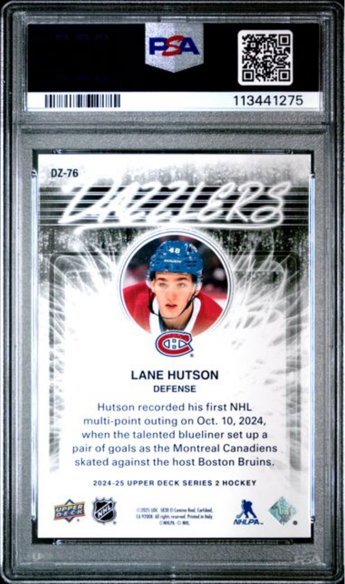 Graded 2024 Upper Deck Lane Hutson #DZ76 Dazzlers Rookie RC Hockey Card PSA 10 Gem Mint