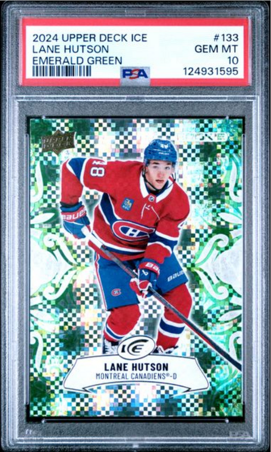 Graded 2024 Upper Deck Ice Lane Hutson #133 Emerald Green Rookie RC Hockey Card PSA 10 Gem Mint