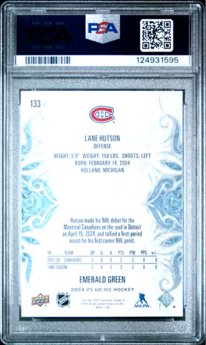 Graded 2024 Upper Deck Ice Lane Hutson #133 Emerald Green Rookie RC Hockey Card PSA 10 Gem Mint