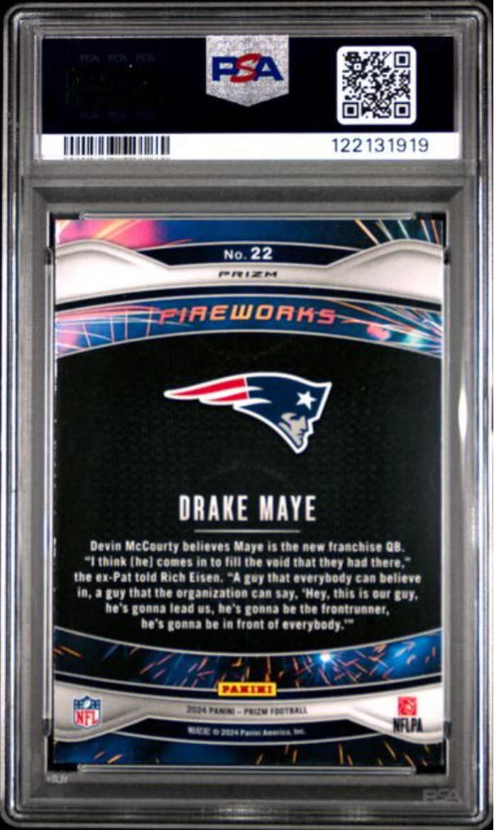 Graded 2024 Panini Prizm Drake Maye #22 Fireworks Green Prizm Rookie RC Football Card PSA 10 Gem Mint