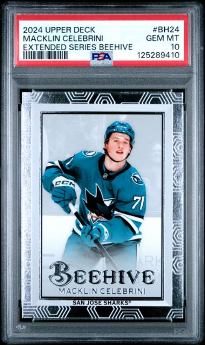 Graded 2024 Upper Deck Macklin Celebrini #BH24 Extended Series Beehive Rookie RC Hockey Card PSA 10 Gem Mint