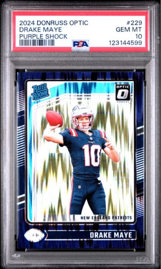 Graded 2024 Panini Donruss Optic Drake Maye #229 Purple Shock Rookie RC Football Card PSA 10 Gem Mint