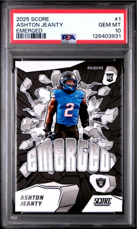 Graded 2025 Panini Score Ashton Jeanty #1 Emerged Rookie RC Football Card PSA 10 Gem Mint