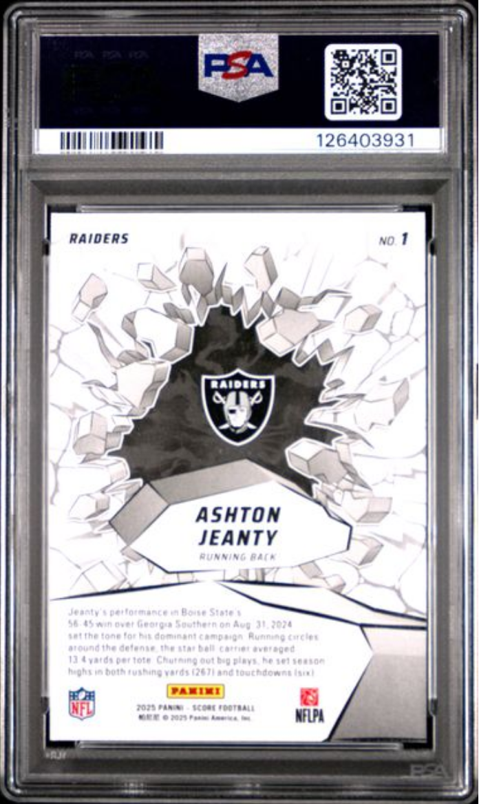 Graded 2025 Panini Score Ashton Jeanty #1 Emerged Rookie RC Football Card PSA 10 Gem Mint