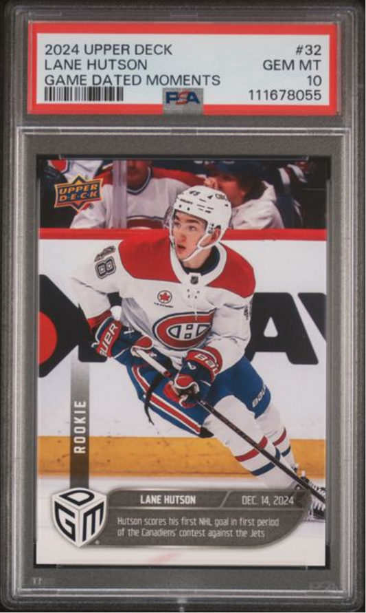 Graded 2024 Upper Deck Lane Hutson #32 Game Dated Moments /1199 Rookie RC Hockey Card PSA 10 Gem Mint