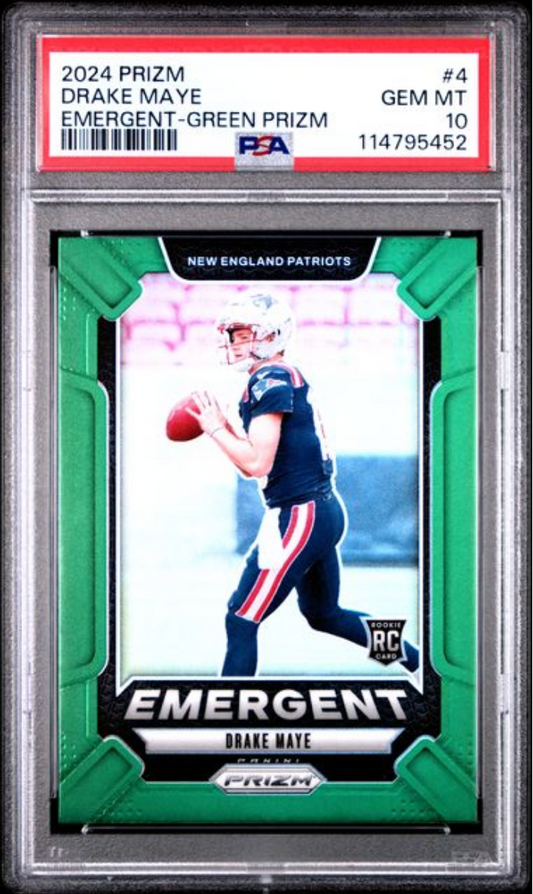 Graded 2024 Panini Prizm Drake Maye #4 Emergent Green Prizm Rookie RC Football Card PSA 10 Gem Mint