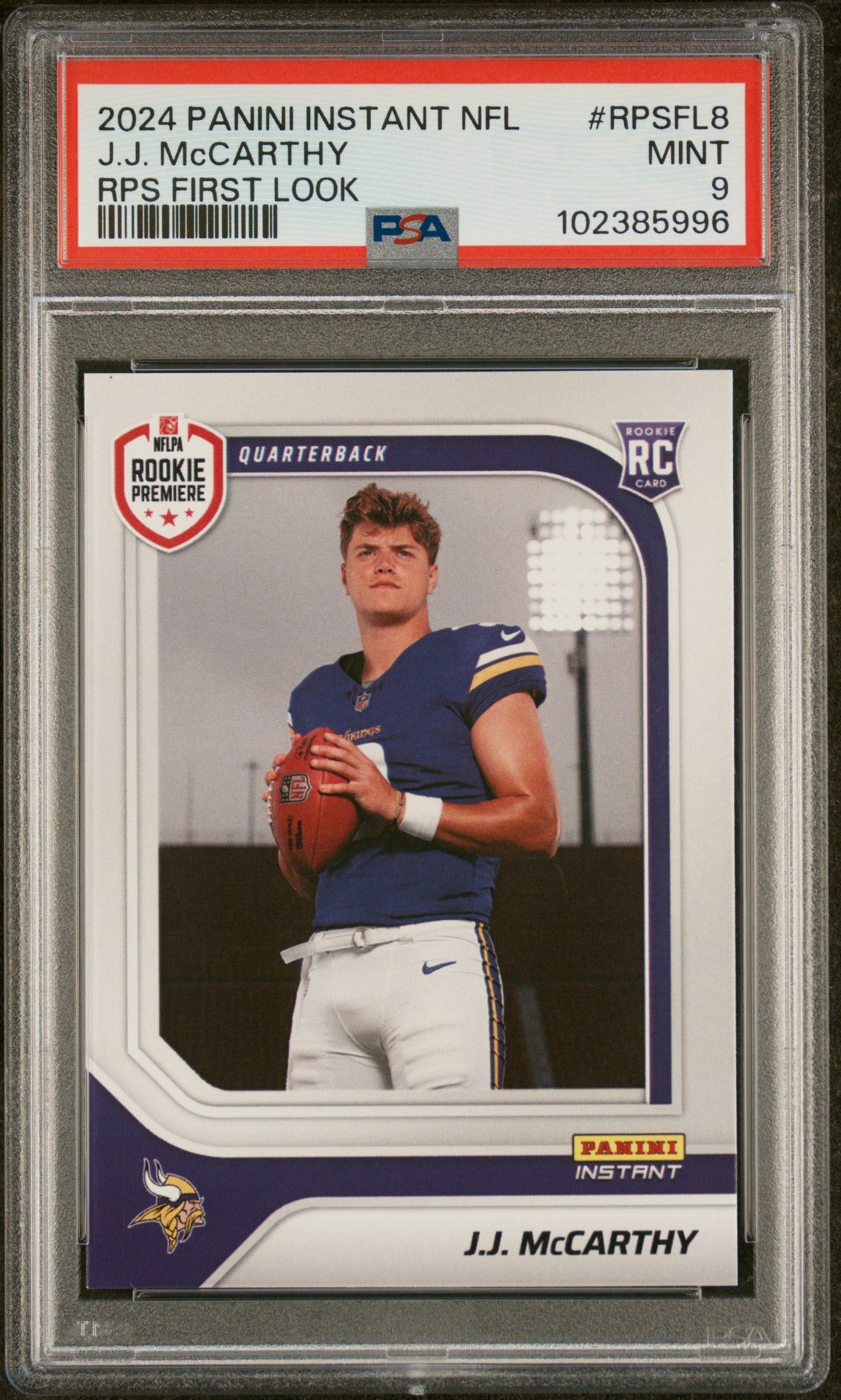 Graded 2024 Panini Instant NFL JJ McCarthy #RPSFL8 RPS First Look Rookie RC Football Card PSA 9 Mint