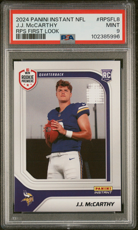 Graded 2024 Panini Instant NFL JJ McCarthy #RPSFL8 RPS First Look Rookie RC Football Card PSA 9 Mint