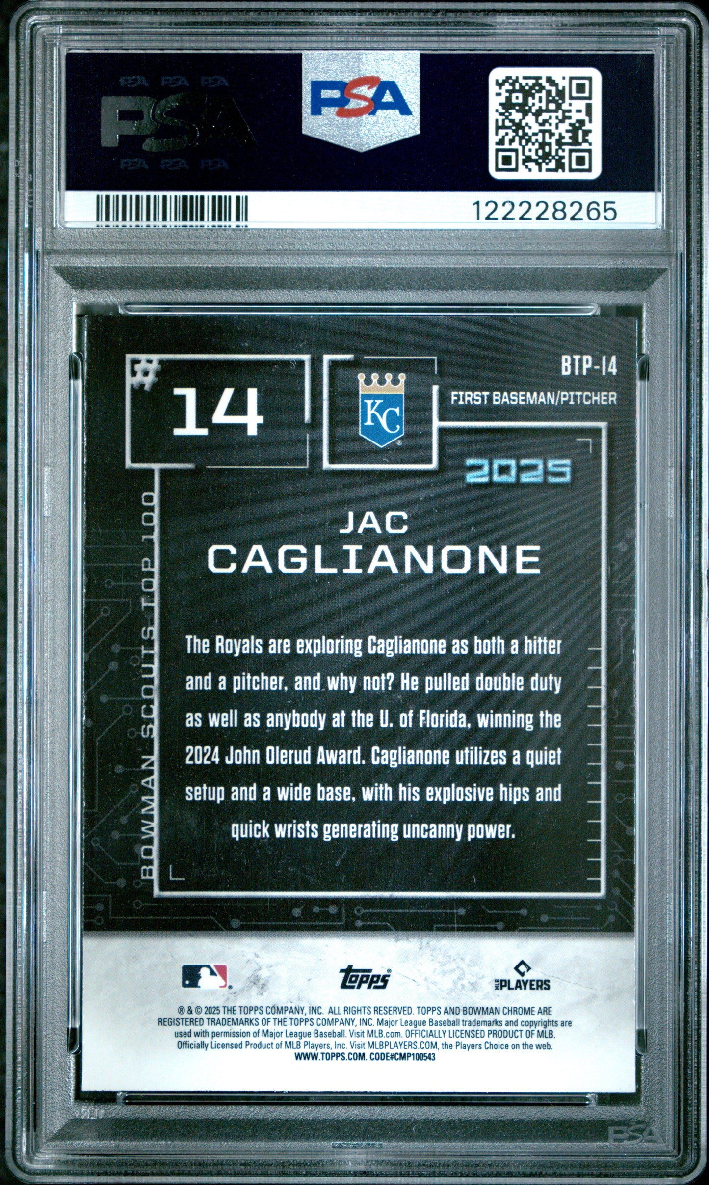 Graded 2025 Topps Bowman Jac Caglianone #BTP14 Scouts Top 100 Rookie RC Baseball Card PSA 8 Near Mint