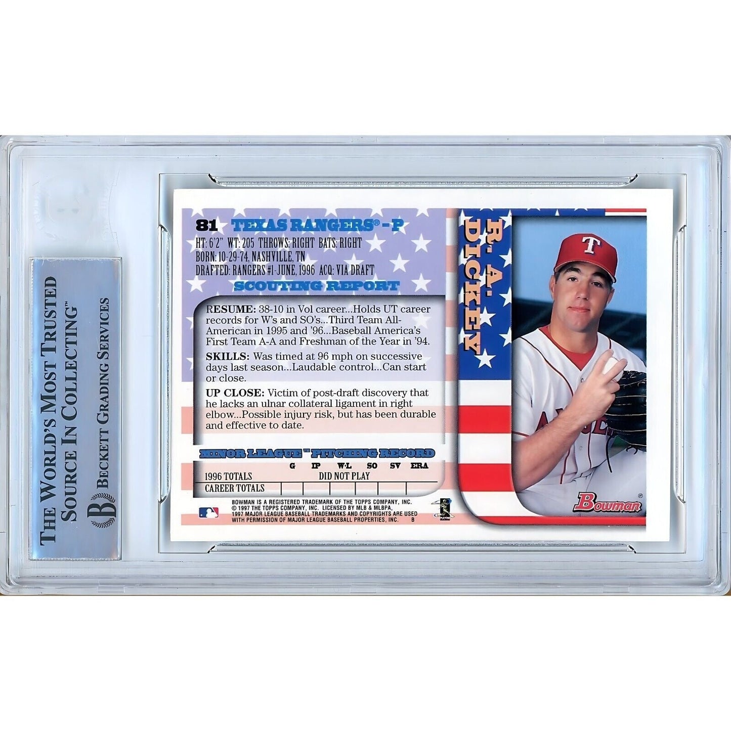 R.A. Dickey Texas Rangers Signed 1997 Bowman International Card Beckett Auth Auto Slab