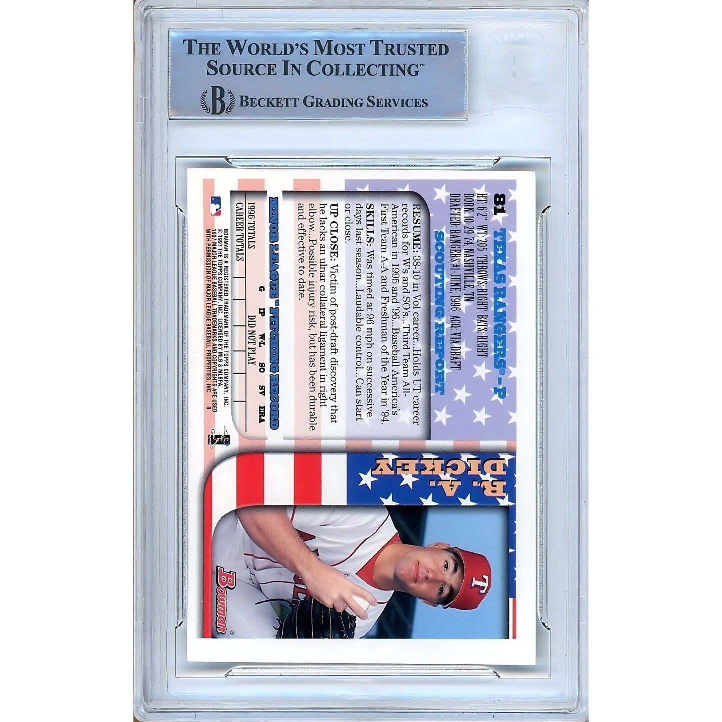 R.A. Dickey Texas Rangers Signed 1997 Bowman International Card Beckett Auth Auto Slab