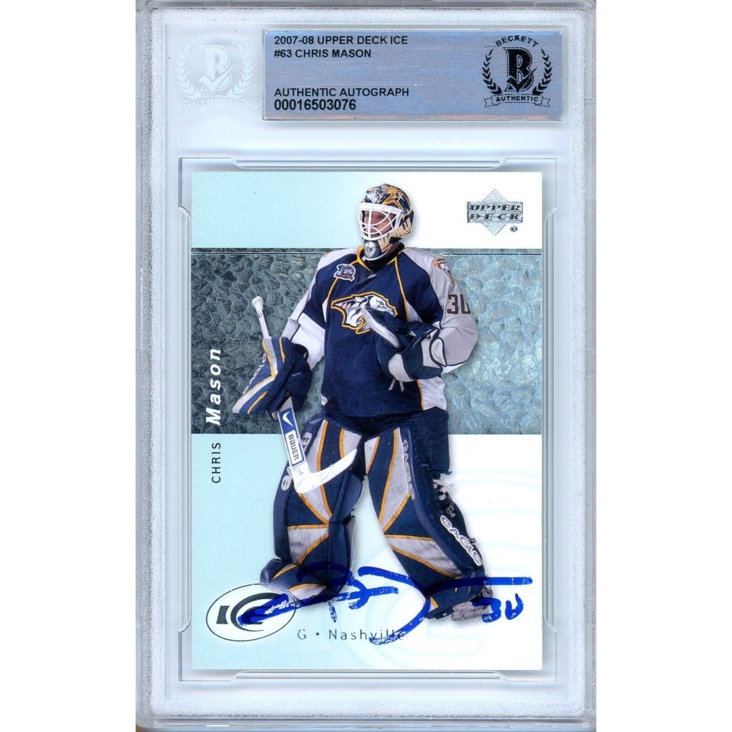 2007-08 Upper Deck Ice #63 — Chris Mason Nashville Predators Autographed Trading Card — Beckett Authentication