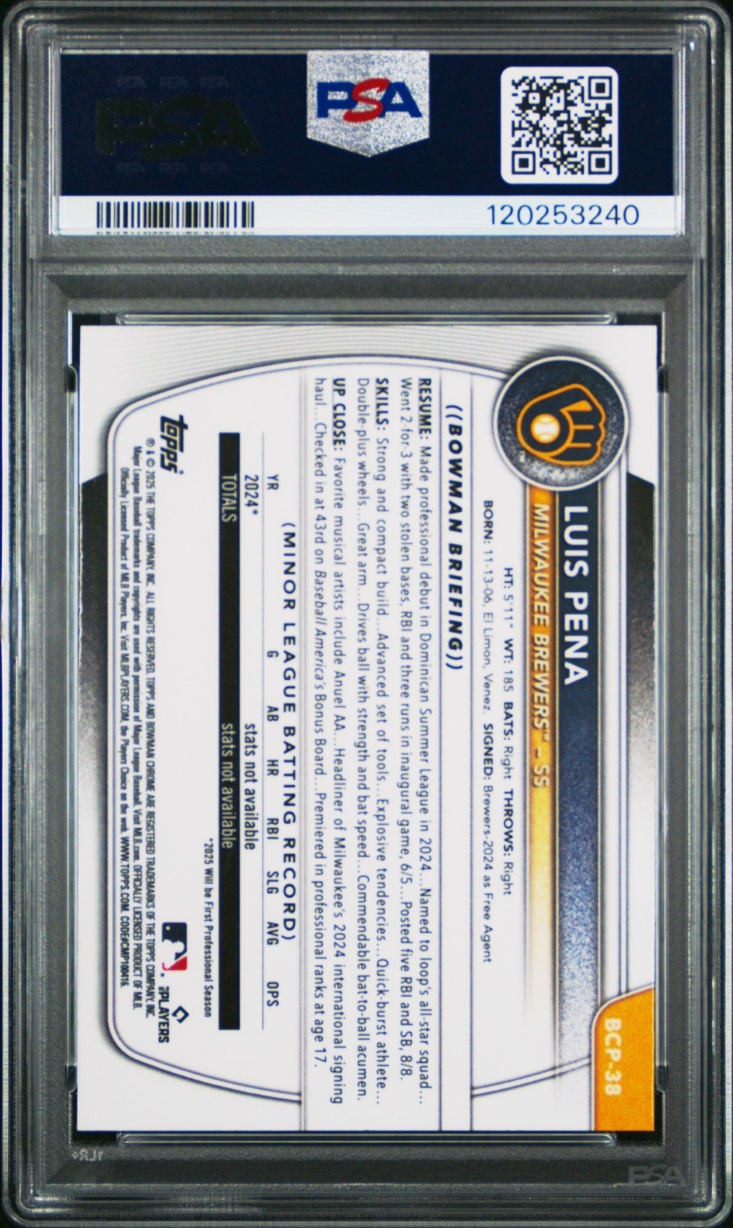 Graded 2025 Topps Bowman Sapphire Luis Pena #BCP38 Chrome Prospects Rookie RC Baseball Card PSA 10 Gem Mint
