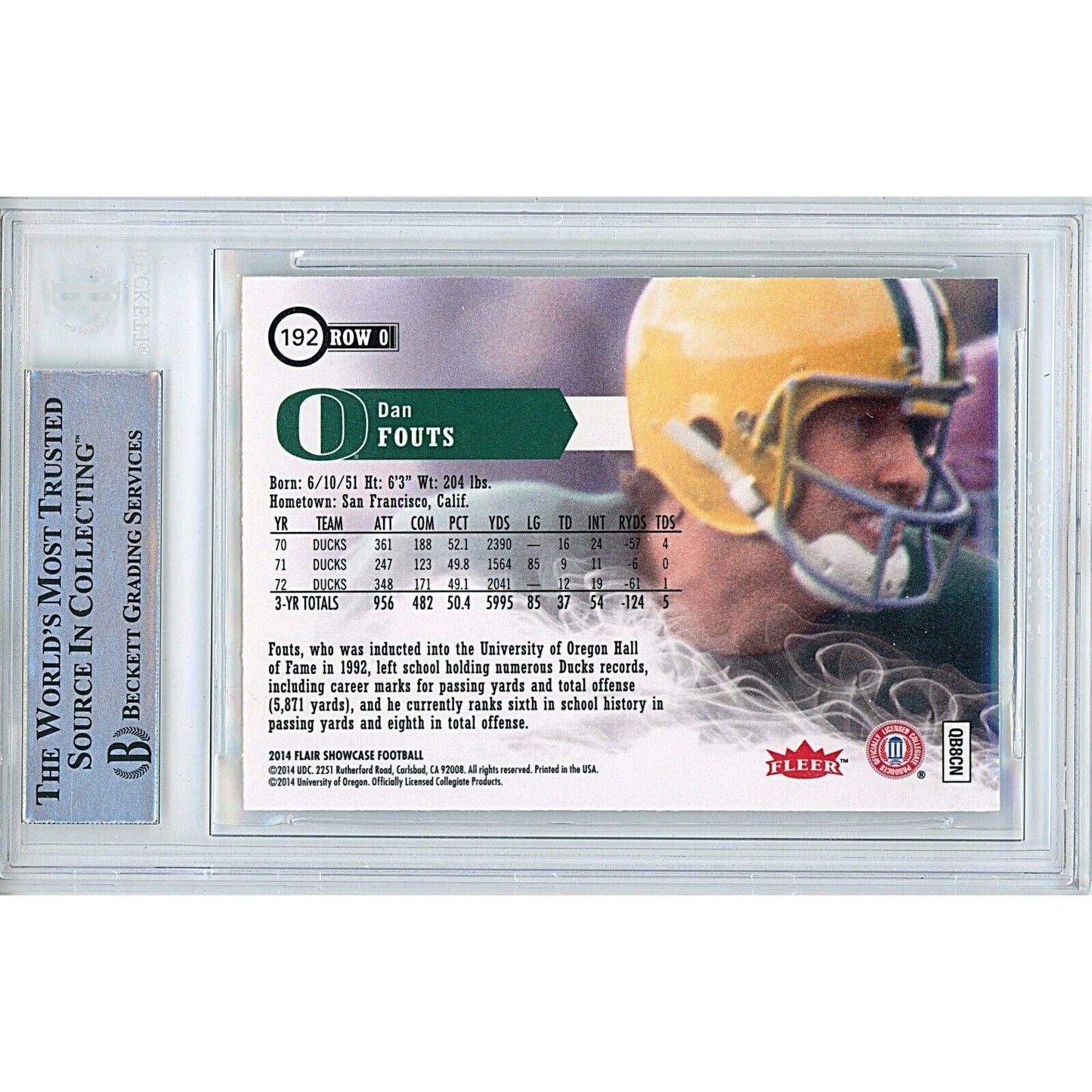 2014 Flair Showcase #192 — Dan Fouts Oregon Ducks Autographed Trading Card — Beckett Authentication