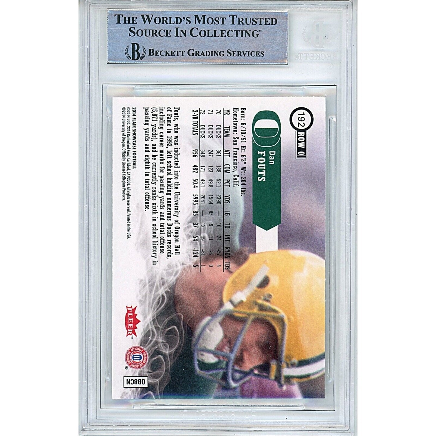 2014 Flair Showcase #192 — Dan Fouts Oregon Ducks Autographed Trading Card — Beckett Authentication