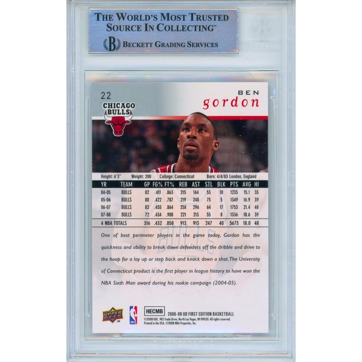 2008-09 Upper Deck #22 — Ben Gordon Chicago Bulls Autographed Trading Card — Beckett Authentication