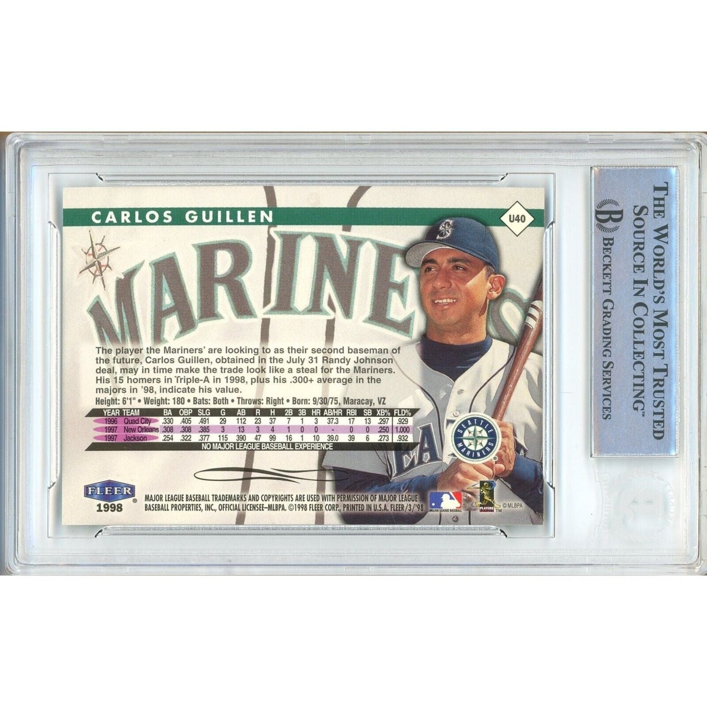 1998 Fleer Tradition Update #U40 — Carlos Guillen Seattle Mariners Autographed Trading Card — Beckett Authentication