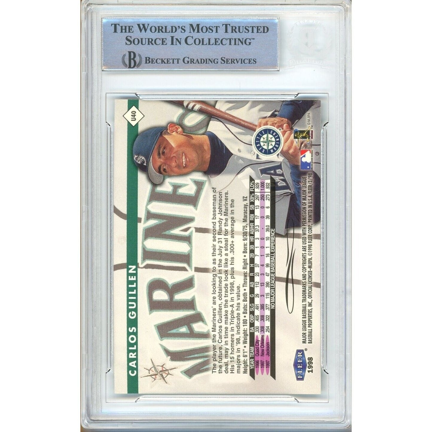 1998 Fleer Tradition Update #U40 — Carlos Guillen Seattle Mariners Autographed Trading Card — Beckett Authentication