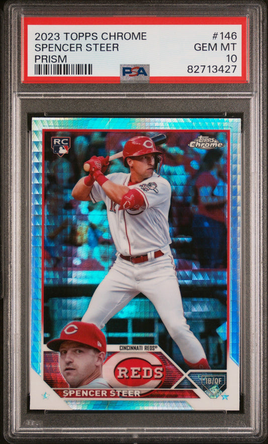 Graded 2023 Topps Chrome Spencer Steer #146 Prism Rookie RC Baseball Card PSA 10 Gem Mint
