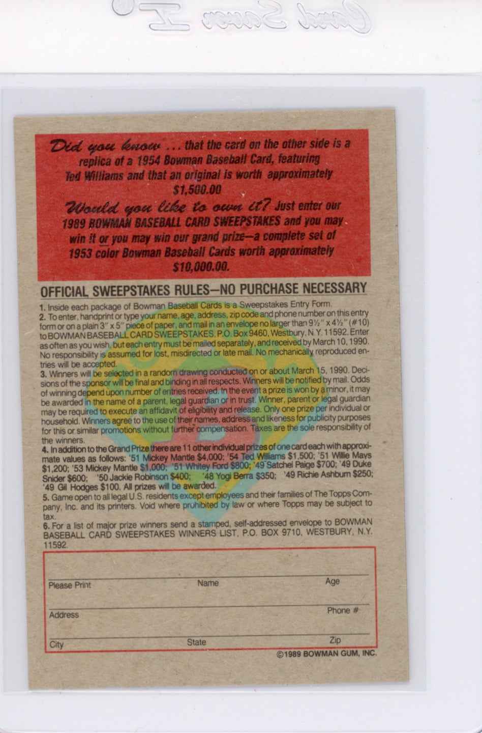 1989 Bowman Insert #11 1954 Ted Williams Card