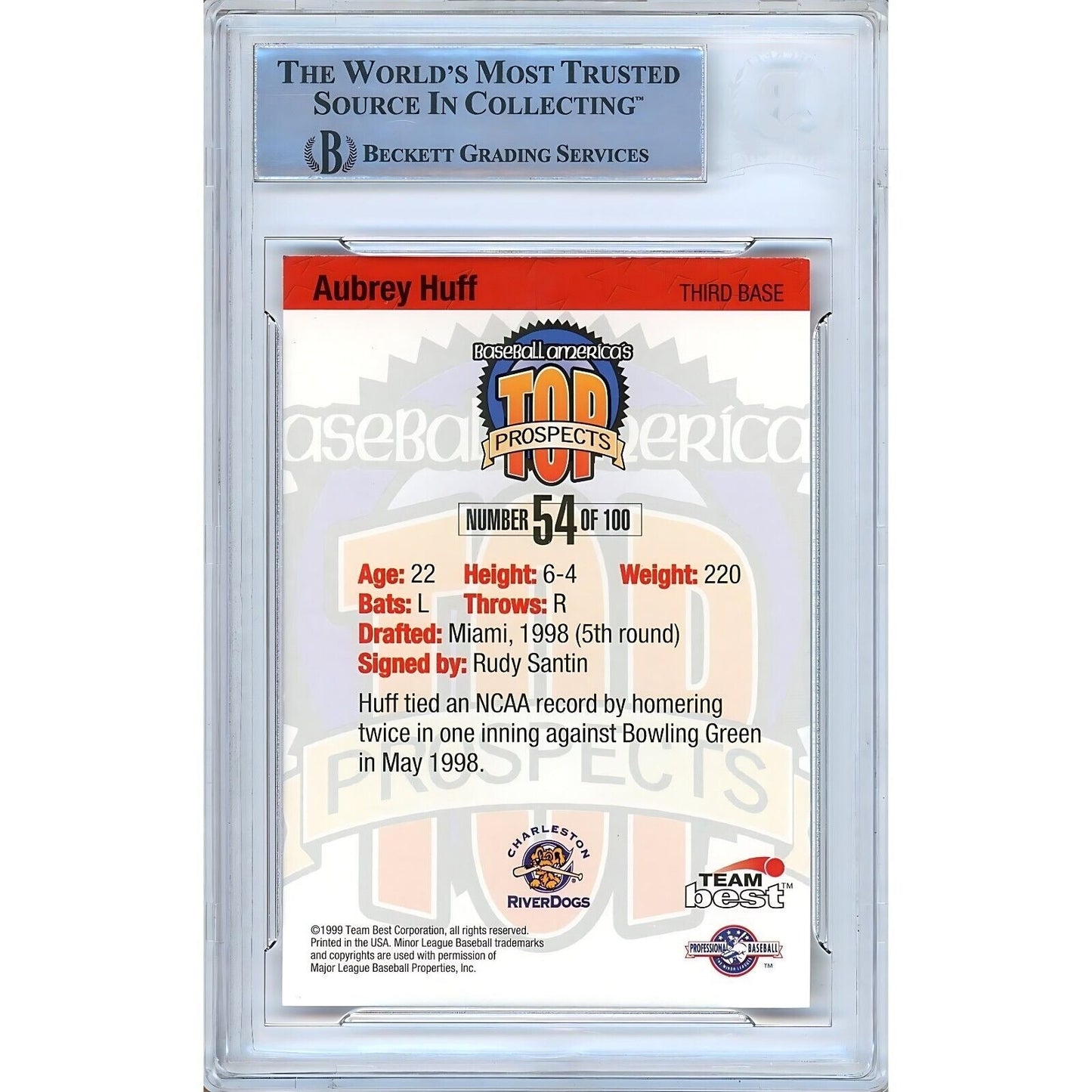 1999 Team Best #54 — Aubrey Huff Tampa Bay Rays Autographed Trading Card — Beckett Authentication