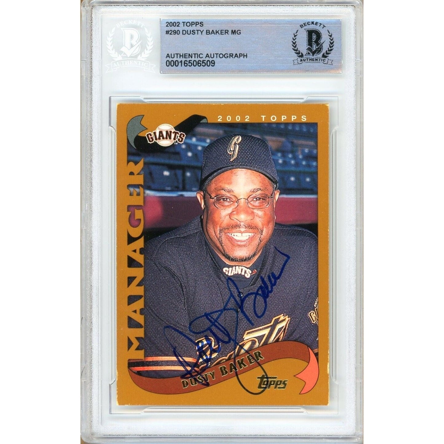 2002 Topps #290 — Dusty Baker San Francisco Giants Autographed Trading Card — Beckett Authentication