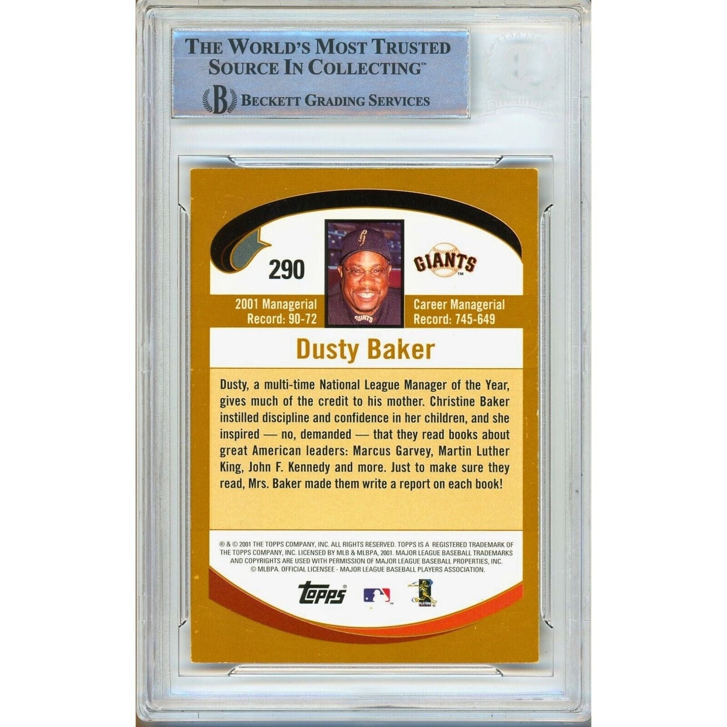 2002 Topps #290 — Dusty Baker San Francisco Giants Autographed Trading Card — Beckett Authentication