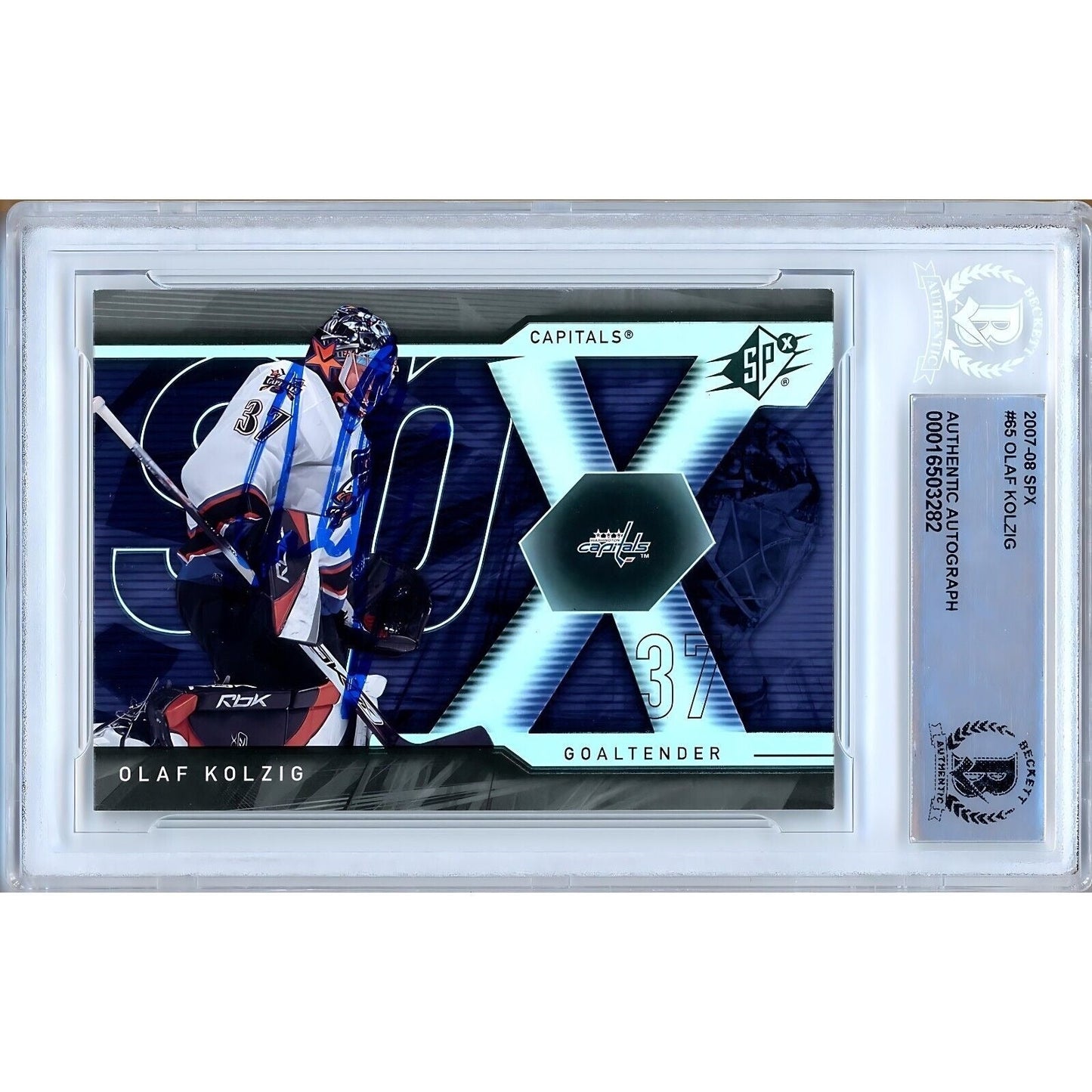 Olaf Kolzig Washington Capitals Signed 2007-08 UD SPx Hockey Card Beckett Auth Auto Slab