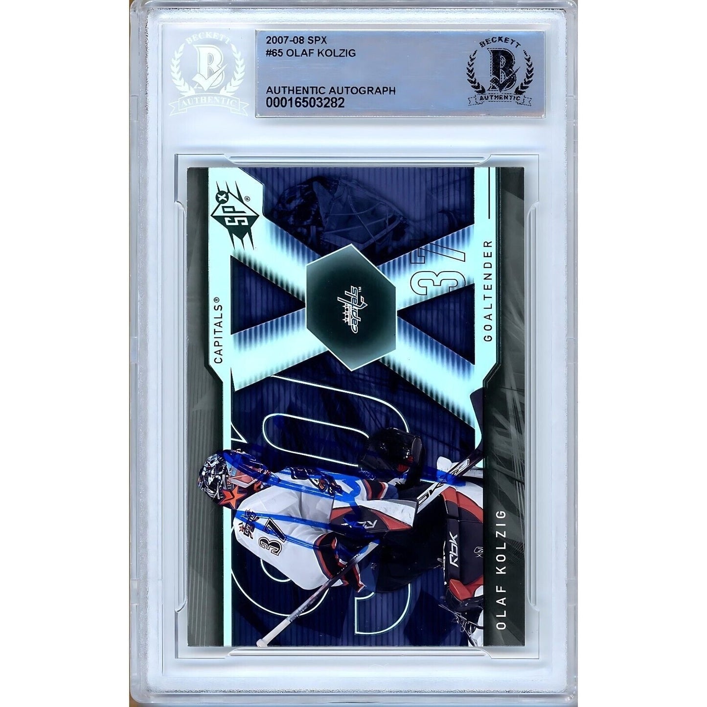 Olaf Kolzig Washington Capitals Signed 2007-08 UD SPx Hockey Card Beckett Auth Auto Slab