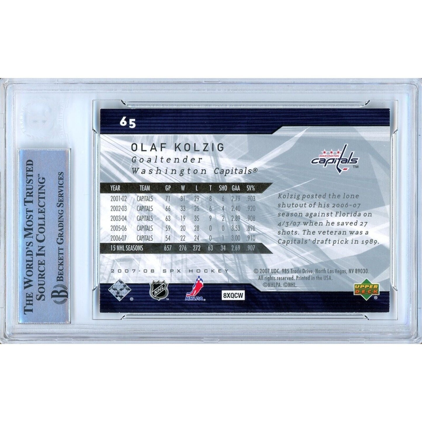Olaf Kolzig Washington Capitals Signed 2007-08 UD SPx Hockey Card Beckett Auth Auto Slab