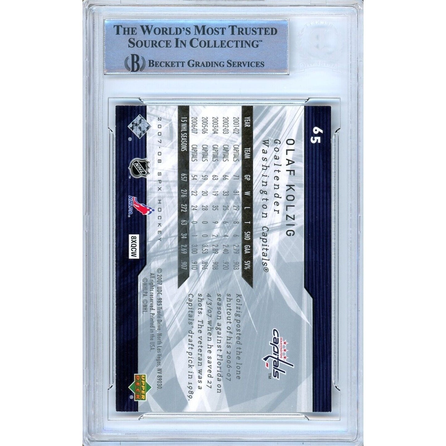 Olaf Kolzig Washington Capitals Signed 2007-08 UD SPx Hockey Card Beckett Auth Auto Slab