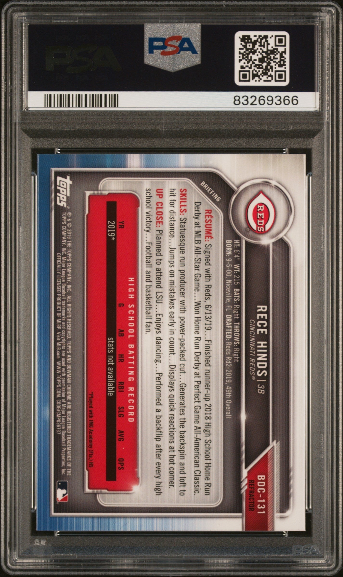 Graded 2019 Topps Bowman Draft Rece Hinds #BDC131 Chrome Refractor Rookie RC Baseball Card PSA 10 Gem Mint