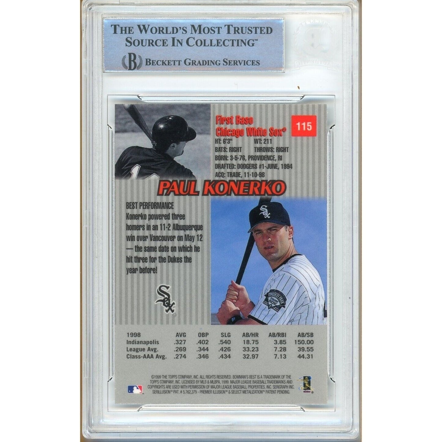 Paul Konerko Chicago White Sox Signed 1999 Bowmans Best Baseball Card BAS Auth Auto