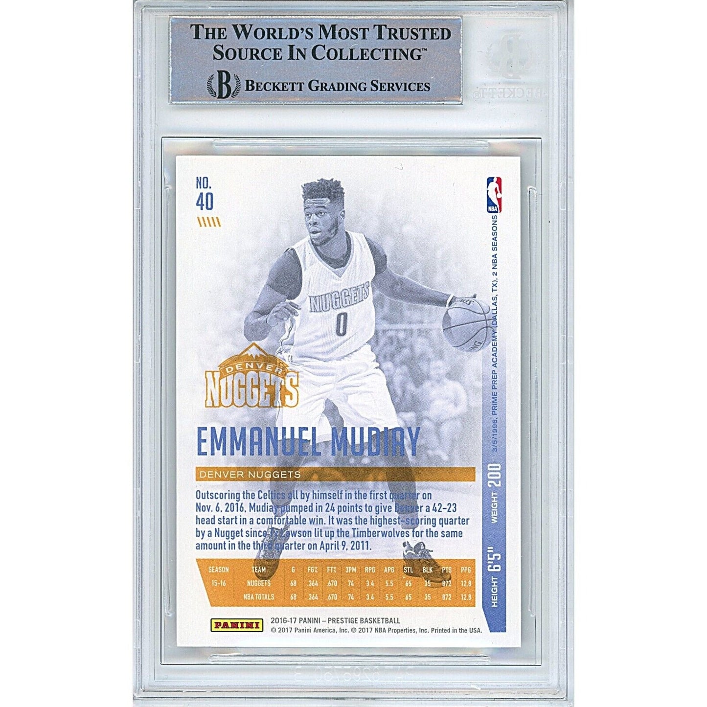 2016-17 Panini Prestige #40 — Emmanuel Mudiay Denver Nuggets Autographed Trading Card — Beckett Authentication