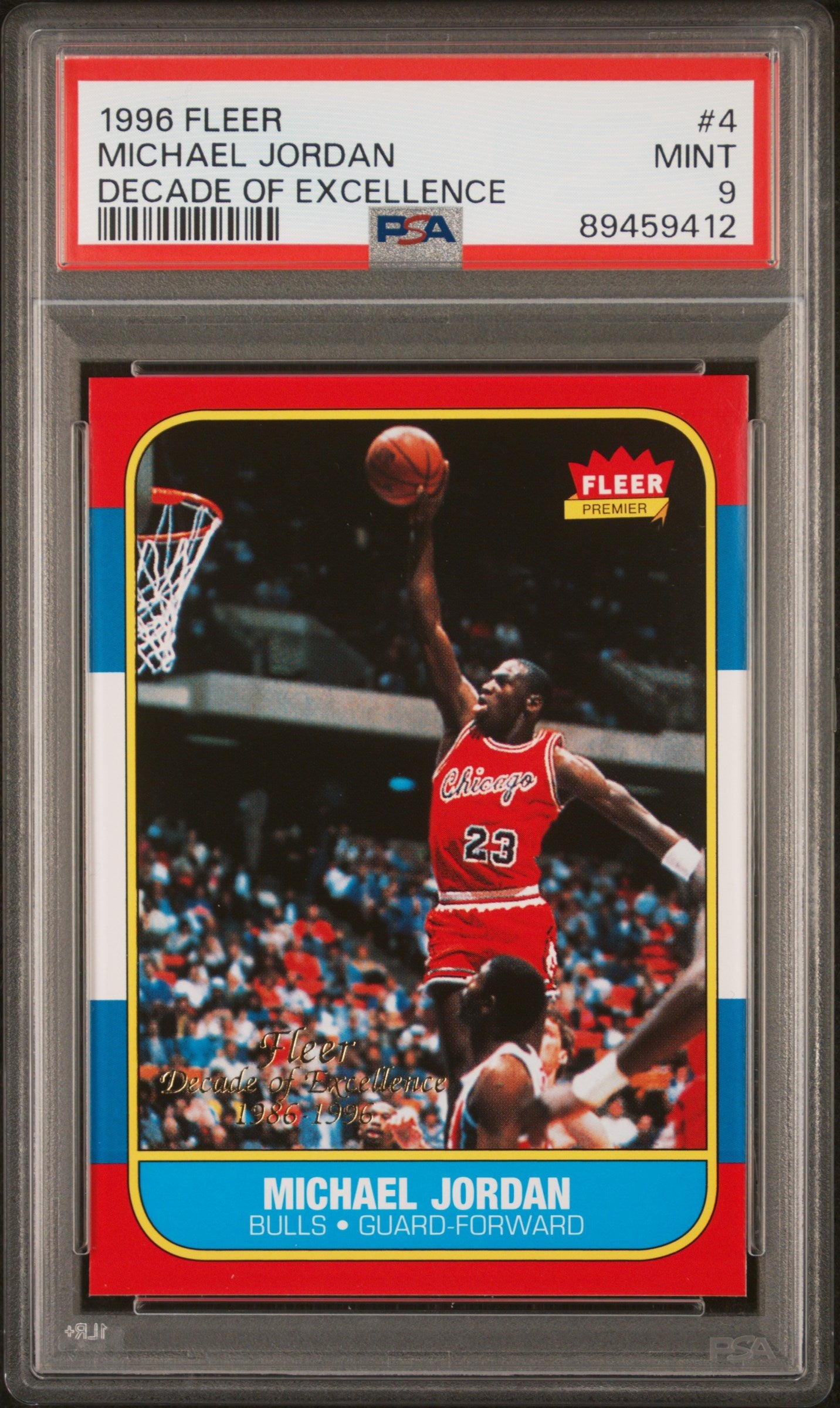 Graded 1996 Fleer Michael Jordan #4 Decade of Excellence Rookie Reprint Basketball Card PSA 9 Mint