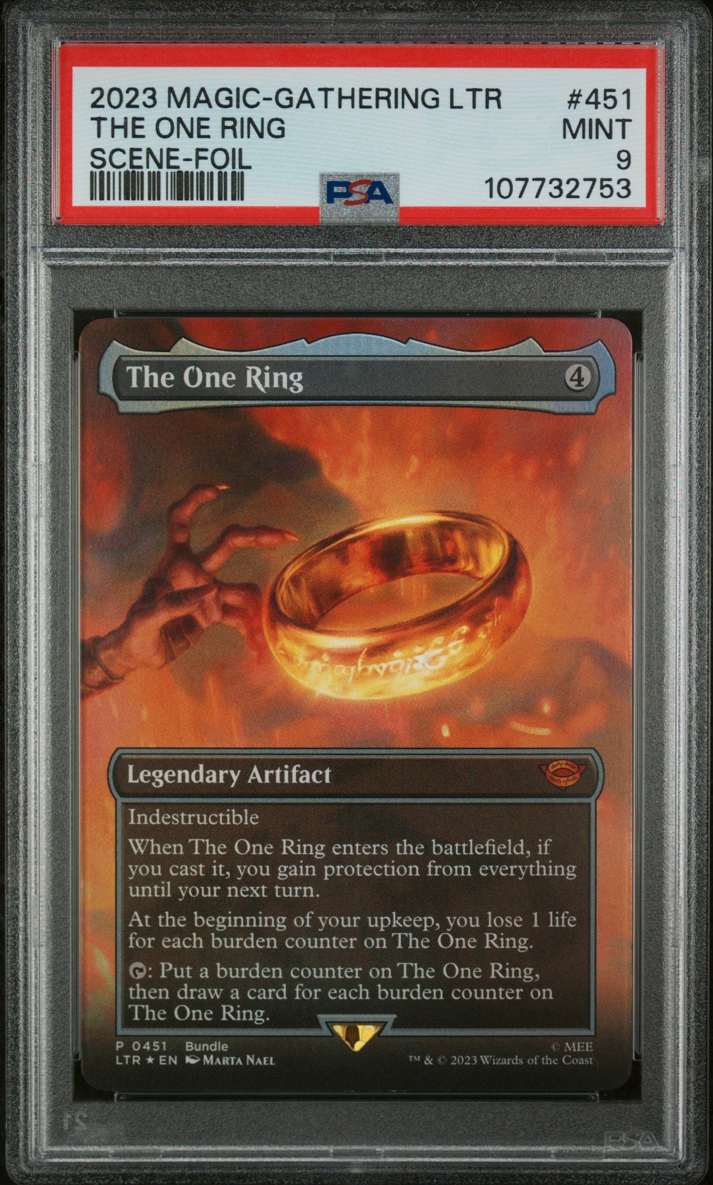 Graded 2023 Magic The Gathering Lord of the Rings The One Ring Scene Foil #451 Card PSA 9 Mint - Sport Cards