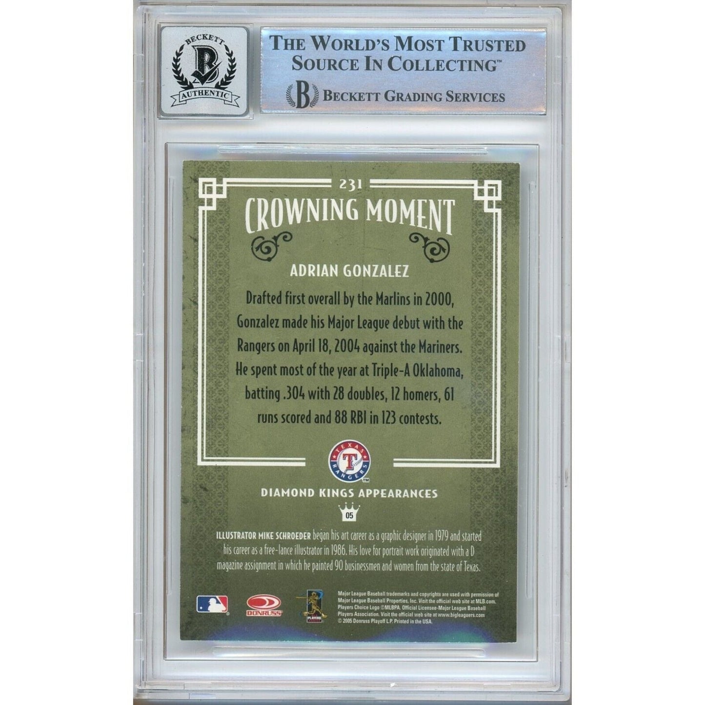 2005 Donruss Diamond Kings #231 — Adrian Gonzalez Texas Rangers Autographed Trading Card — Beckett Authentication Auto-10 Graded