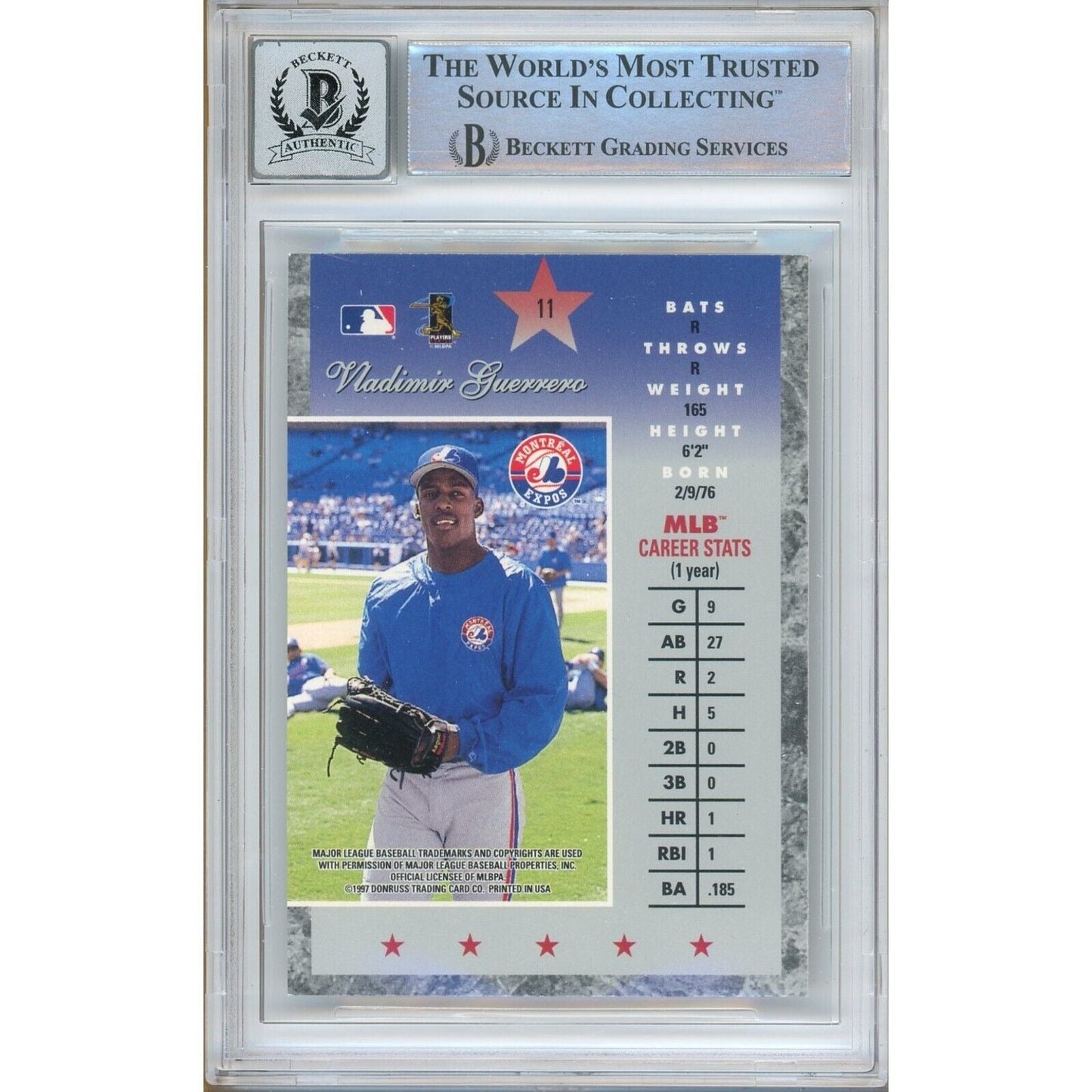 Vladimir Guerrero Montreal Expos Signed 1997 Donruss Elite Card BGS Auto 10 Graded Slab